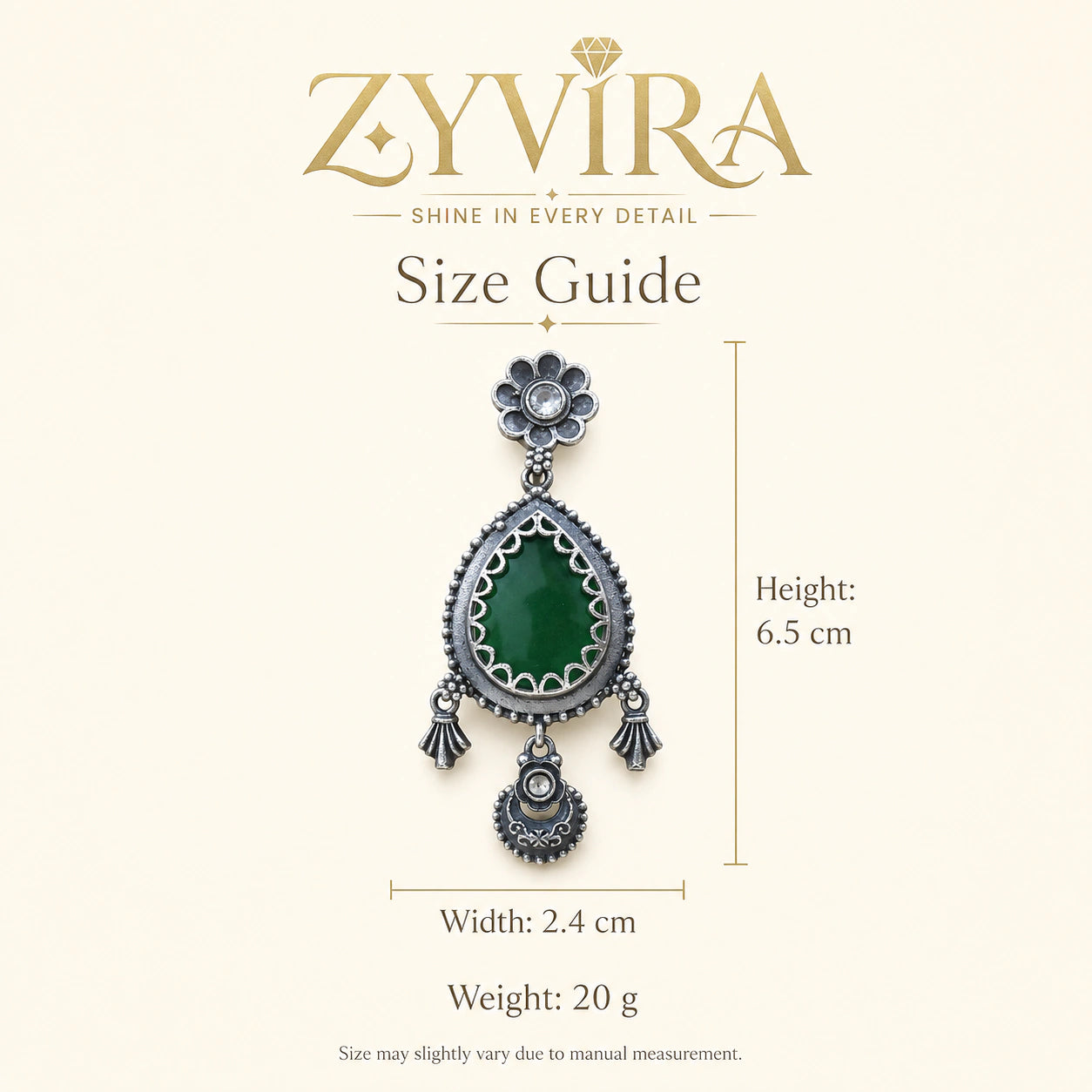 Size guide showing the proportions of green teardrop beaded earrings