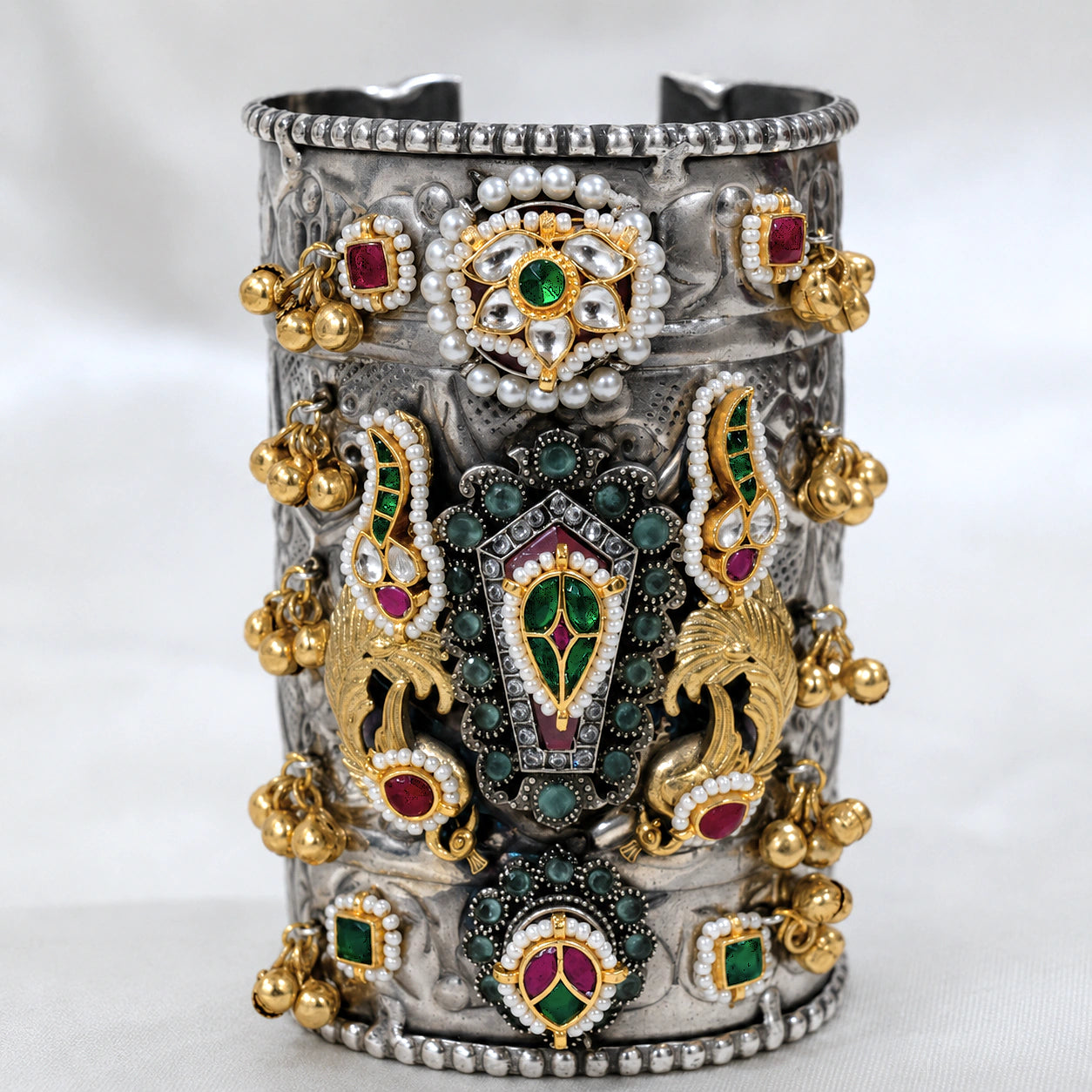 Alternate product view of the German silver Kundan bird-motif handwork kada