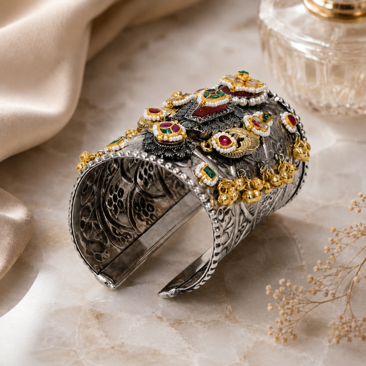 Angled view of the German silver multicolor Kundan bird-motif kada