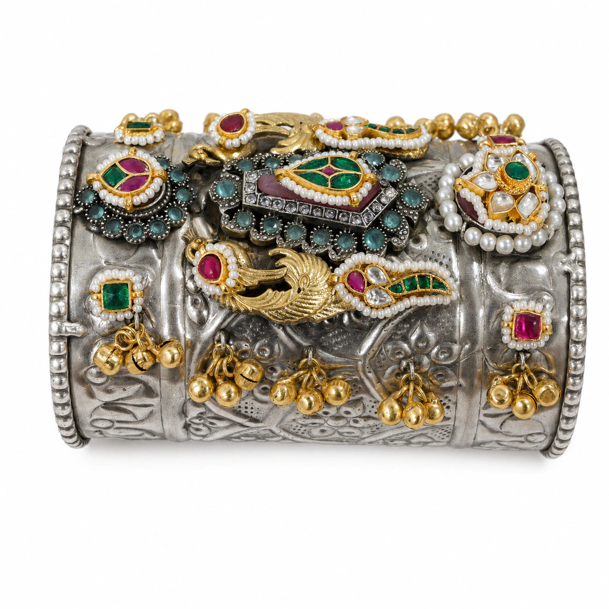 Close-up of multicolor Kundan stones and German silver handwork detailing