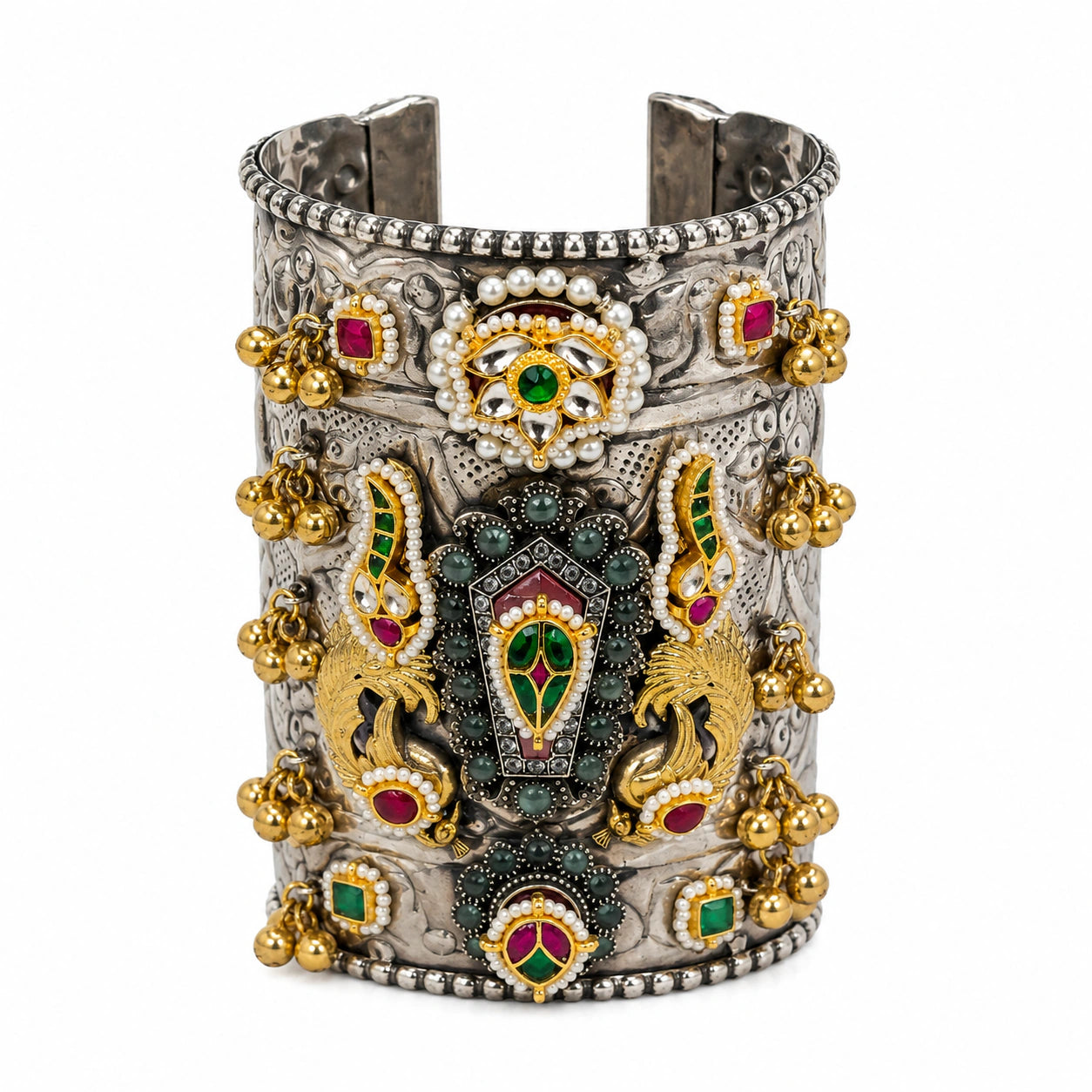 Open view showing the structure of the German silver Kundan bird-motif kada