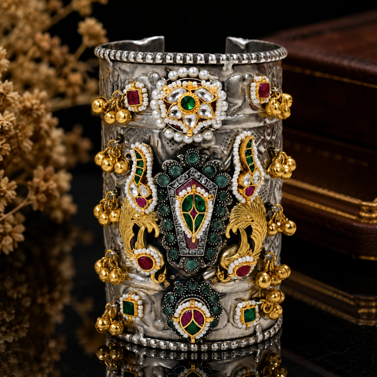 German silver multicolor Kundan bird-motif handwork kada