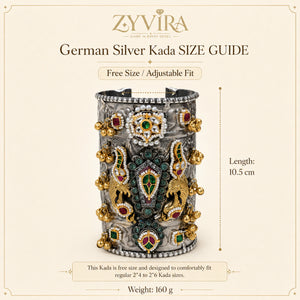 Product details card for the German silver Kundan bird-motif handwork kada