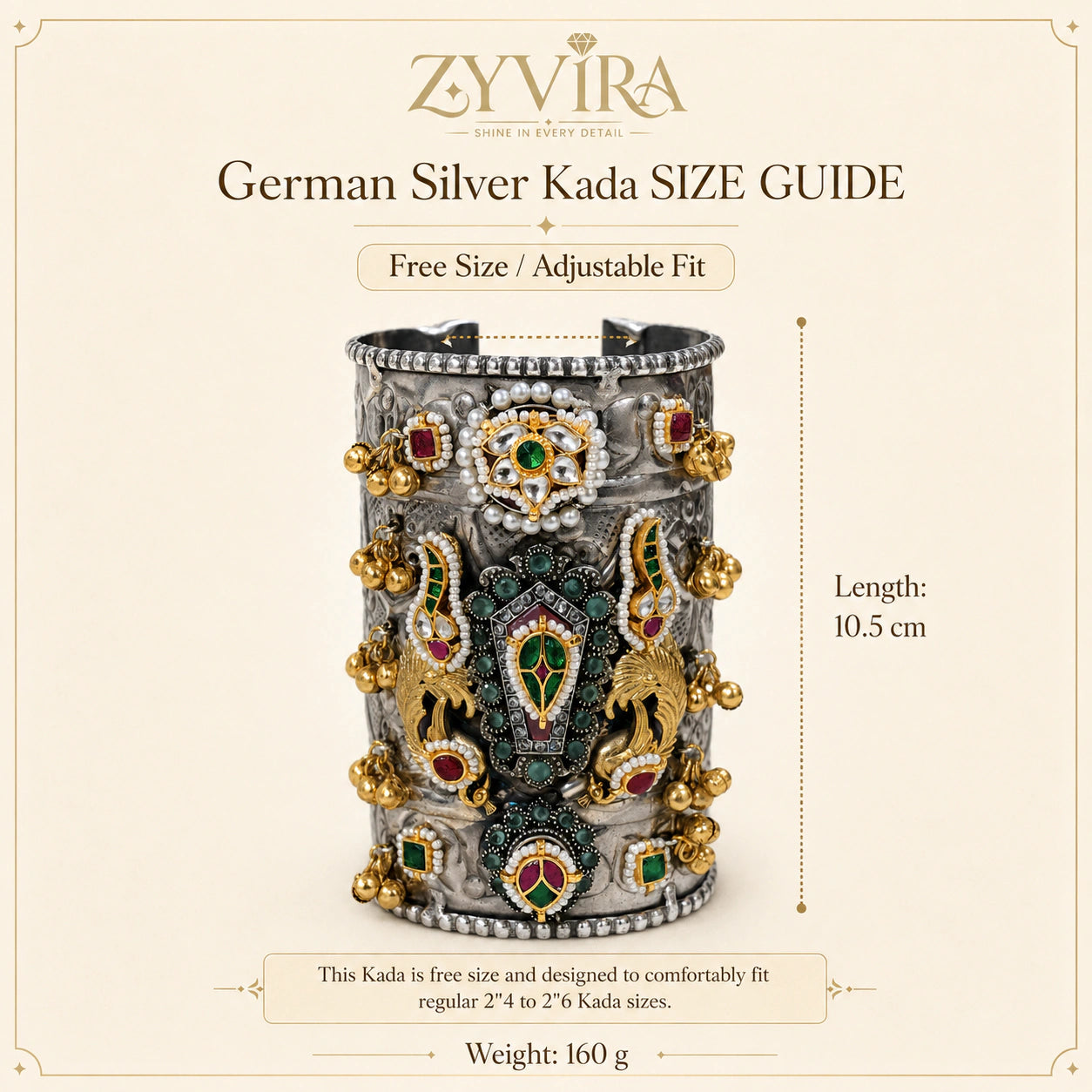 Product details card for the German silver Kundan bird-motif handwork kada