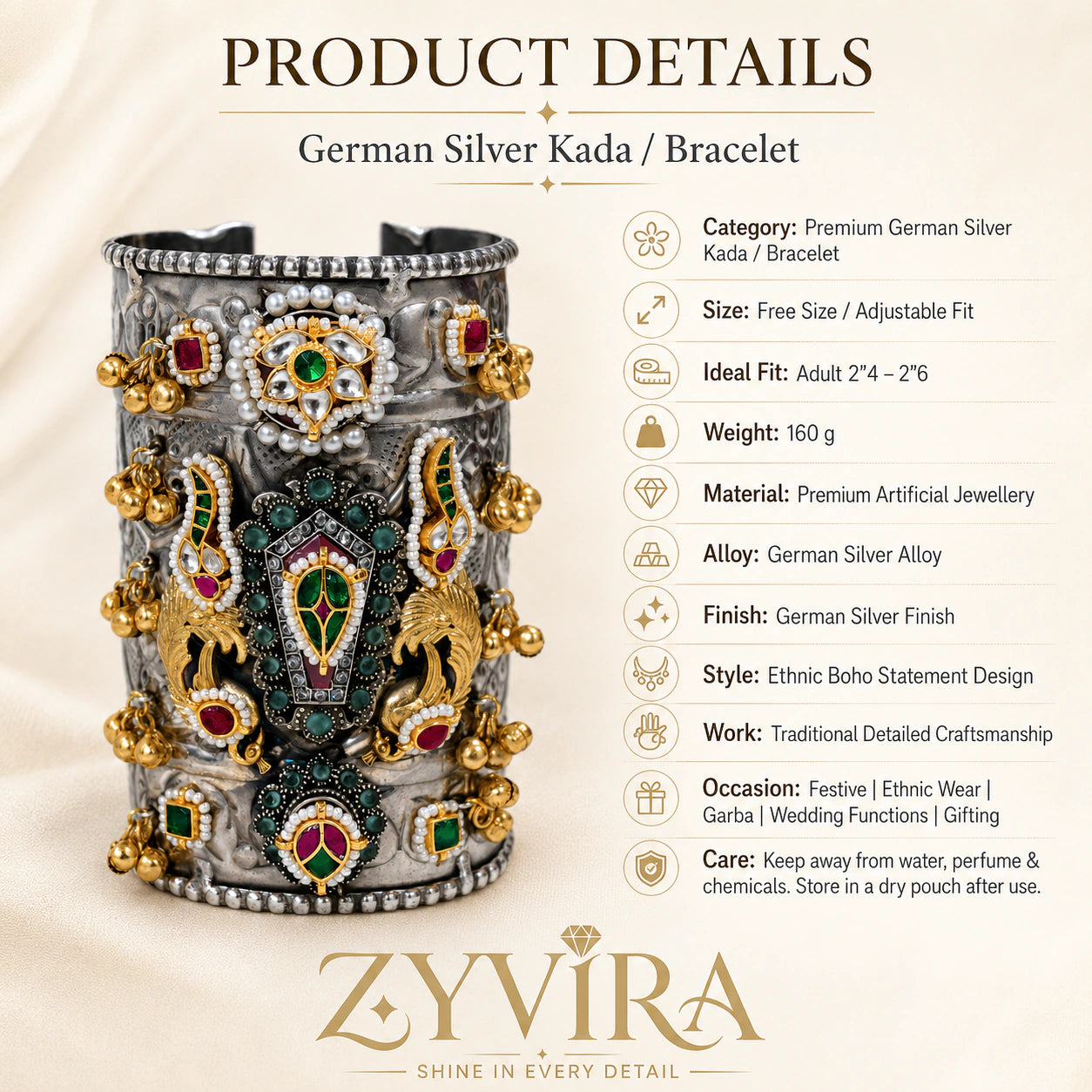 Size guide showing the proportions of the German silver Kundan handwork kada
