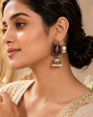 German silver maroon bird pearl jhumka earrings worn by a model