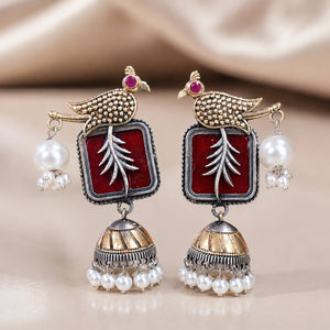 German silver maroon bird pearl jhumka earrings