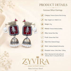 Product details card for German silver maroon bird pearl jhumka earrings