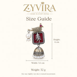 Size guide showing the proportions of maroon bird pearl jhumka earrings