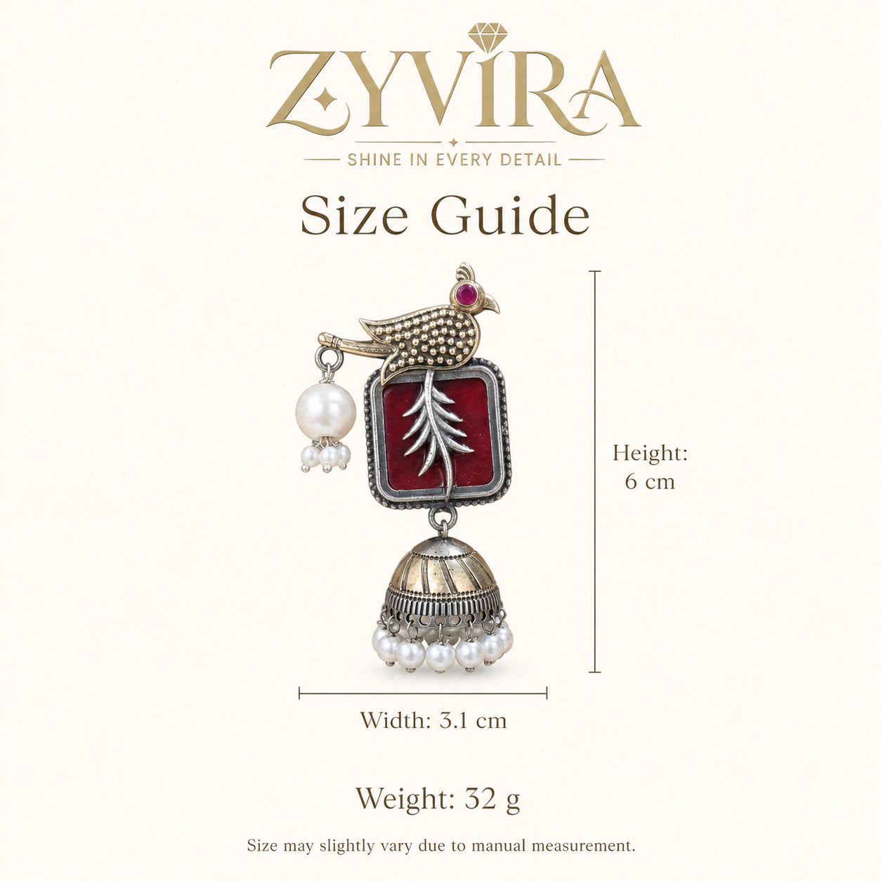 Size guide showing the proportions of maroon bird pearl jhumka earrings