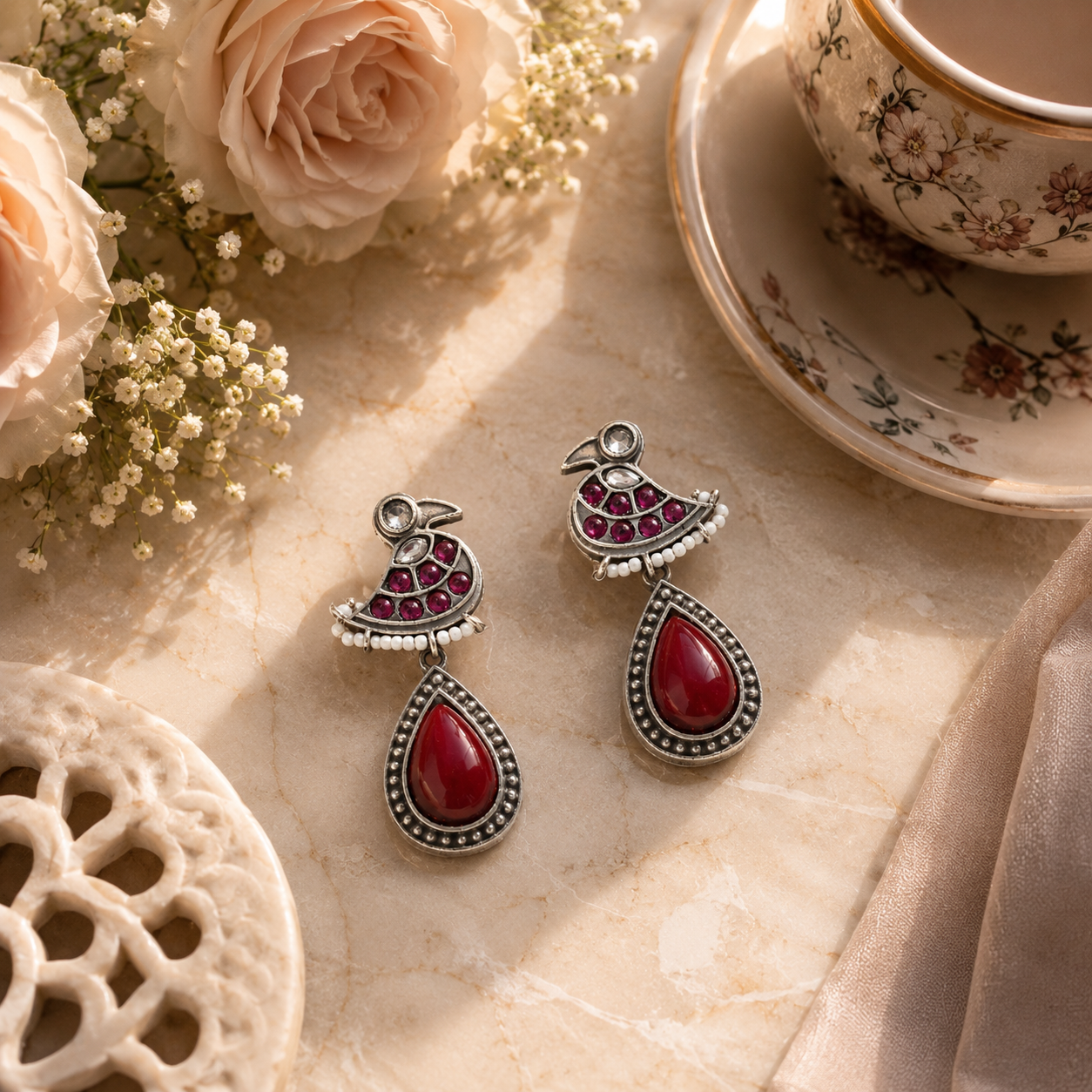 Maroon pearl bird dangle earrings styled in an elegant jewellery flat lay