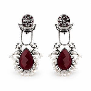 German silver maroon pearl bird-motif dangle earrings