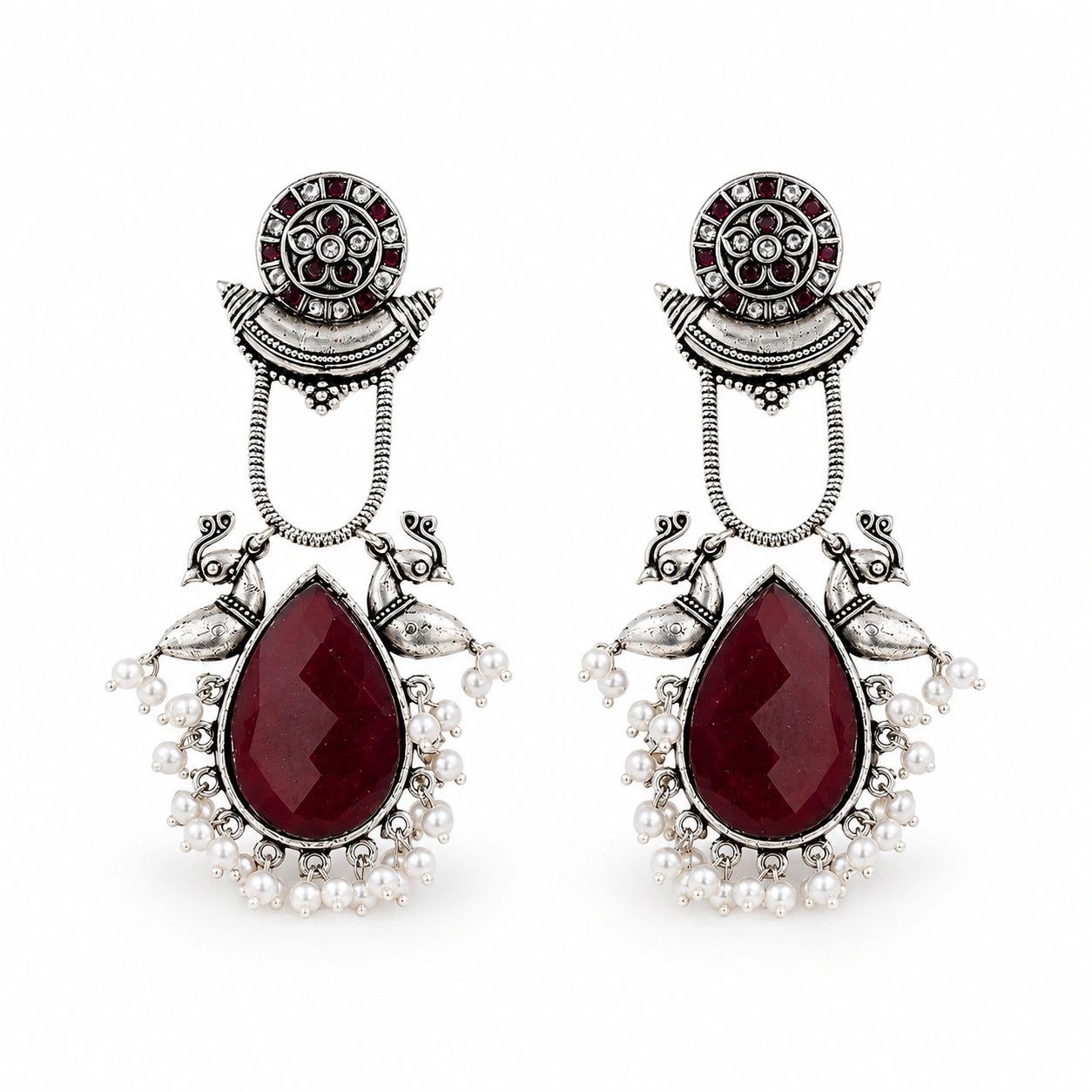 German silver maroon pearl bird-motif dangle earrings