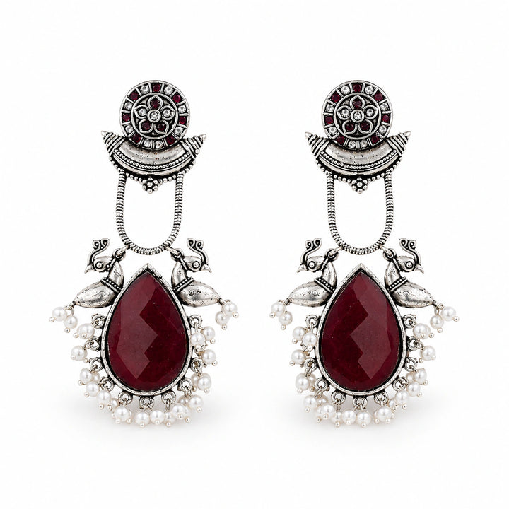 German silver maroon pearl bird-motif dangle earrings