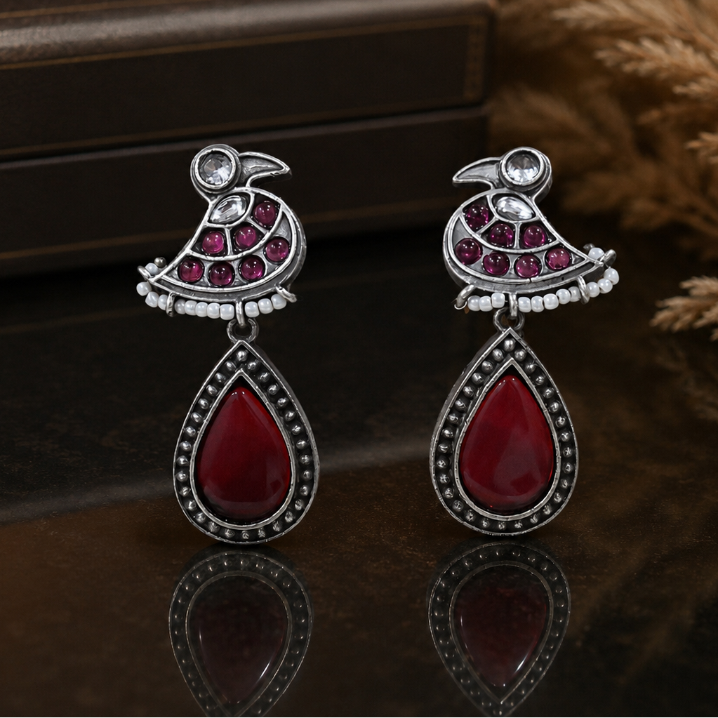German silver maroon pearl bird dangle earrings