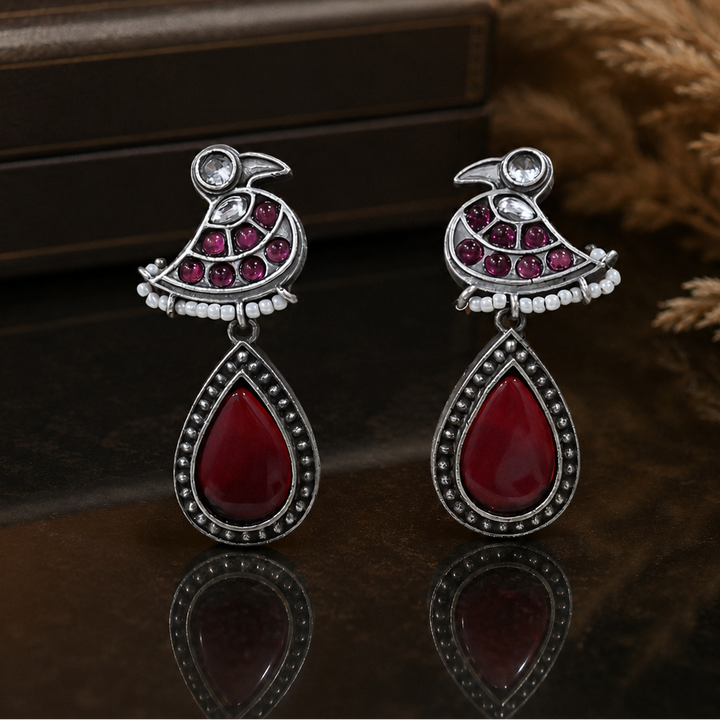 German silver maroon pearl bird dangle earrings