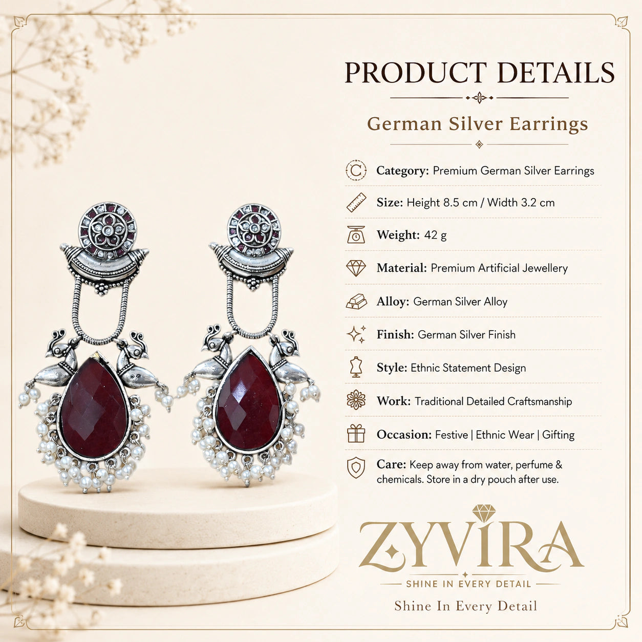 Product details card for German silver maroon pearl bird-motif earrings