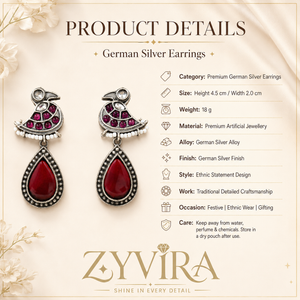 Product details card for German silver maroon pearl bird dangle earrings