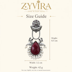 Size guide showing the proportions of maroon pearl bird-motif earrings