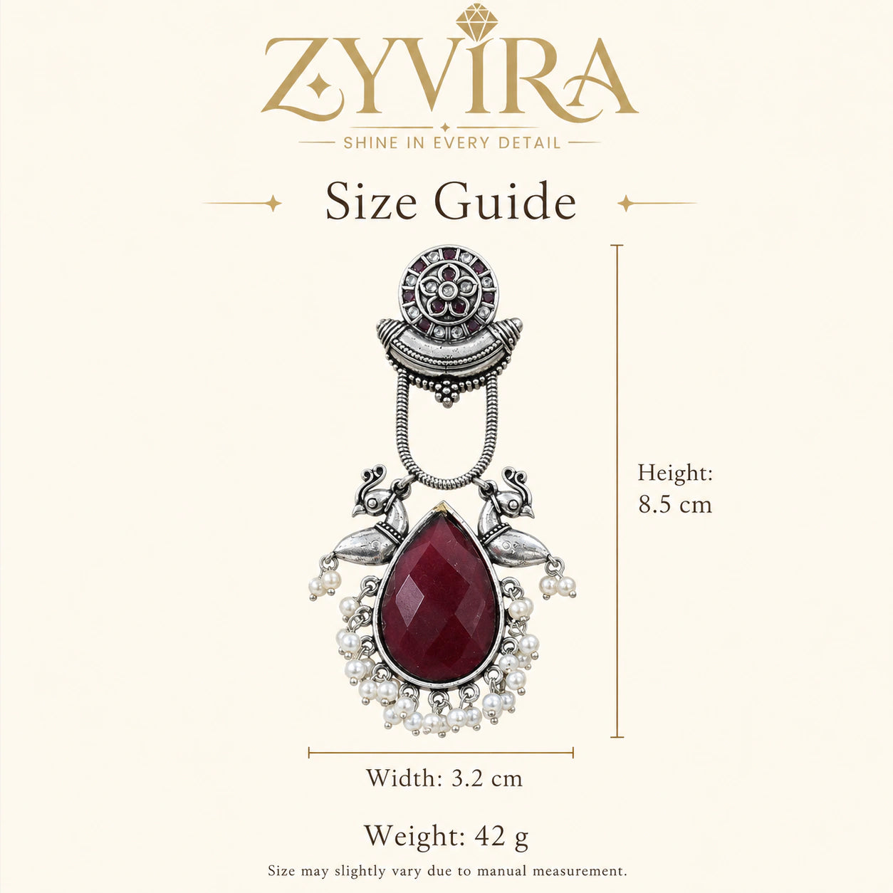 Size guide showing the proportions of maroon pearl bird-motif earrings