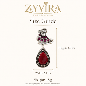 Size guide showing the proportions of maroon pearl bird dangle earrings