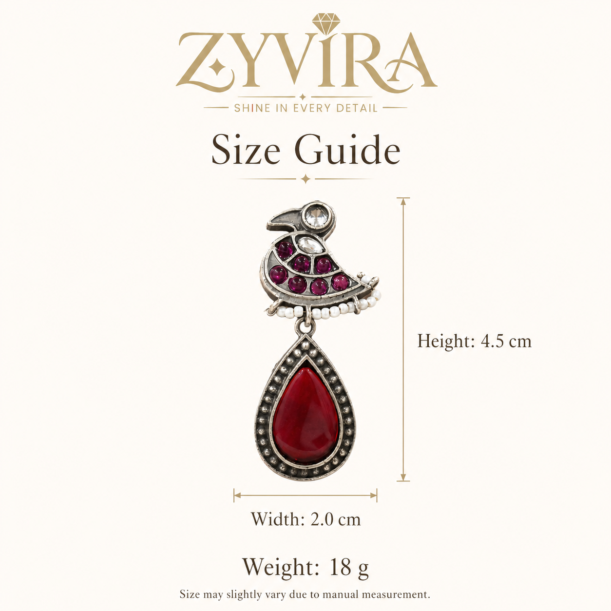 Size guide showing the proportions of maroon pearl bird dangle earrings