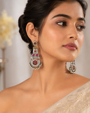 Alternate model view of German silver maroon pearl chandelier earrings