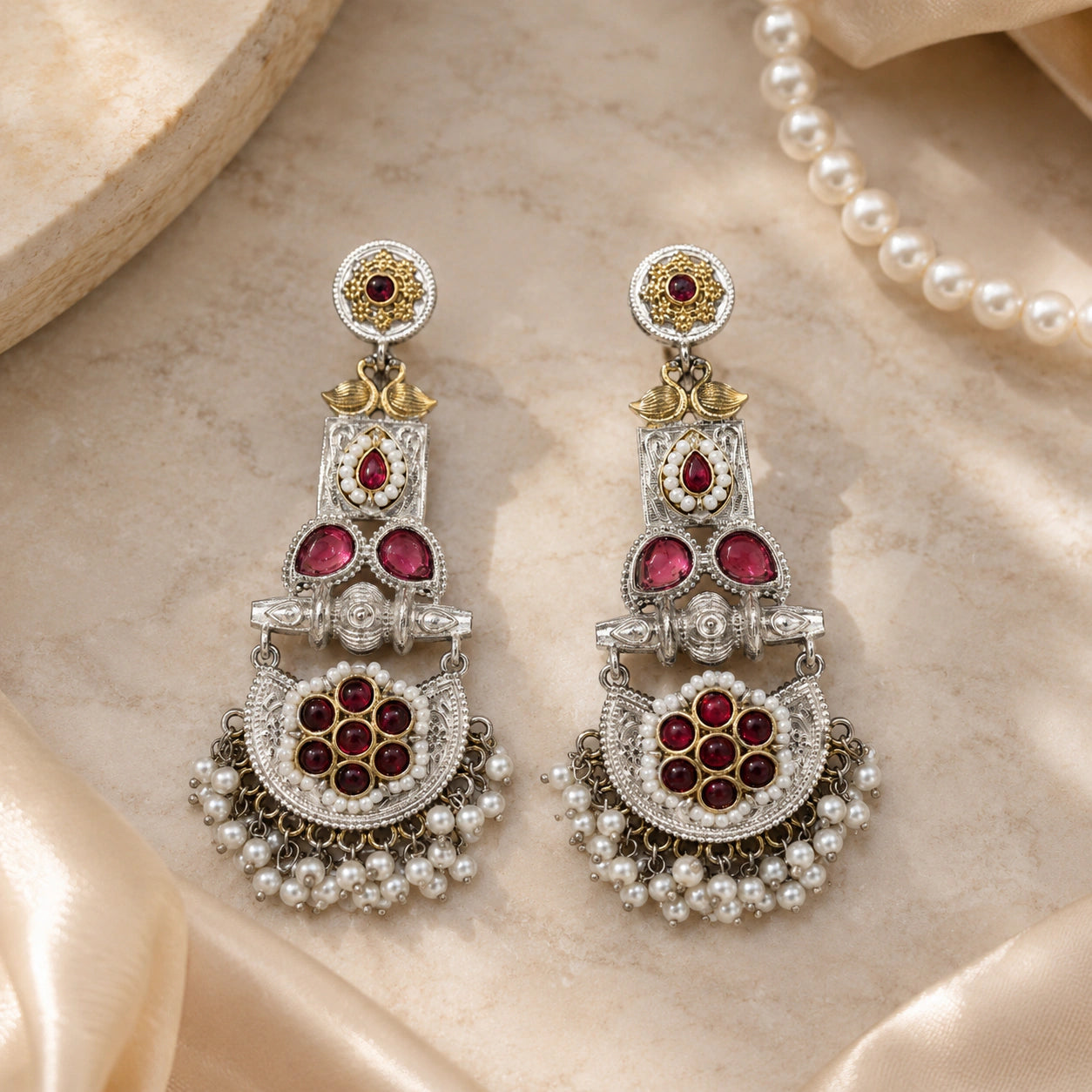 Angled view of German silver maroon pearl chandelier earrings