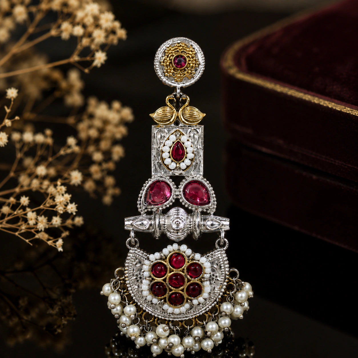 Maroon pearl chandelier earrings on a dark jewellery studio display