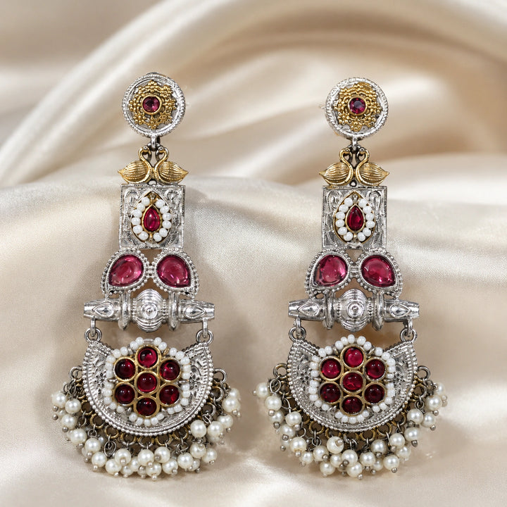German silver maroon pearl chandelier earrings