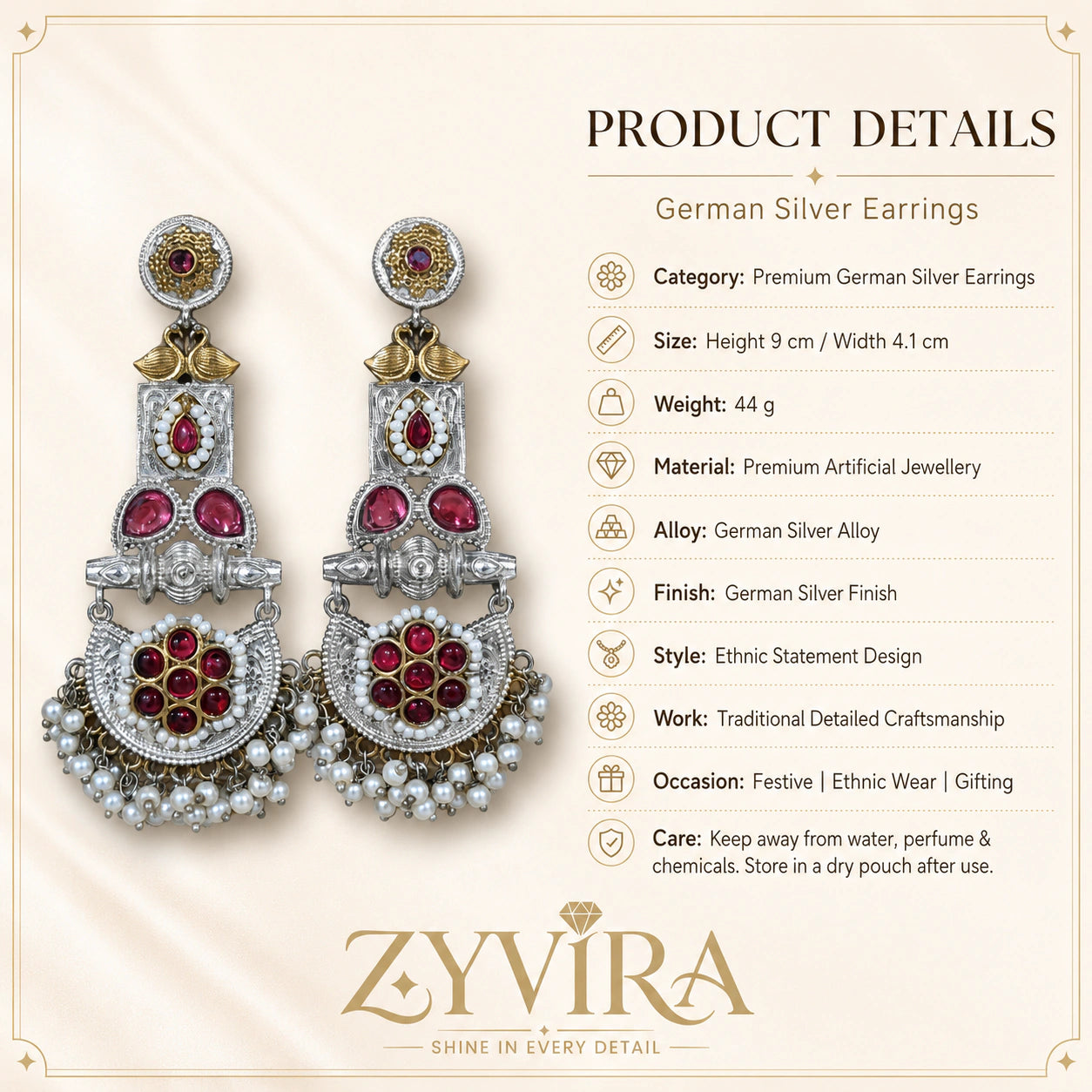 Product details card for German silver maroon pearl chandelier earrings