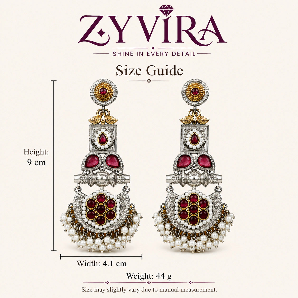 Size guide showing the proportions of maroon pearl chandelier earrings
