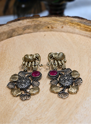Alternate model view of maroon-stone chandelier earrings