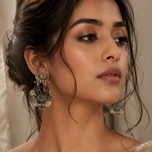 Alternate product view of German silver maroon-stone chandelier earrings