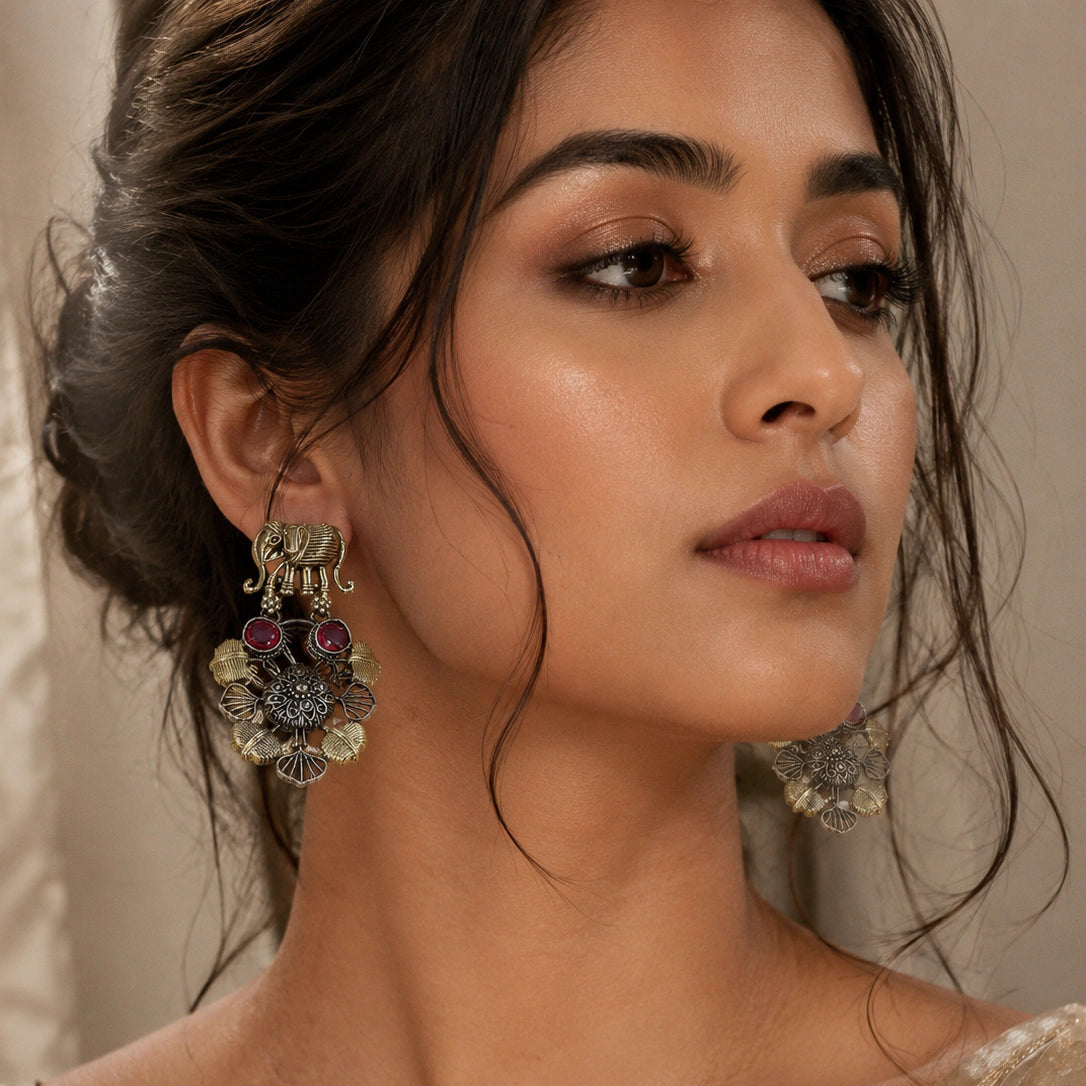 Alternate product view of German silver maroon-stone chandelier earrings