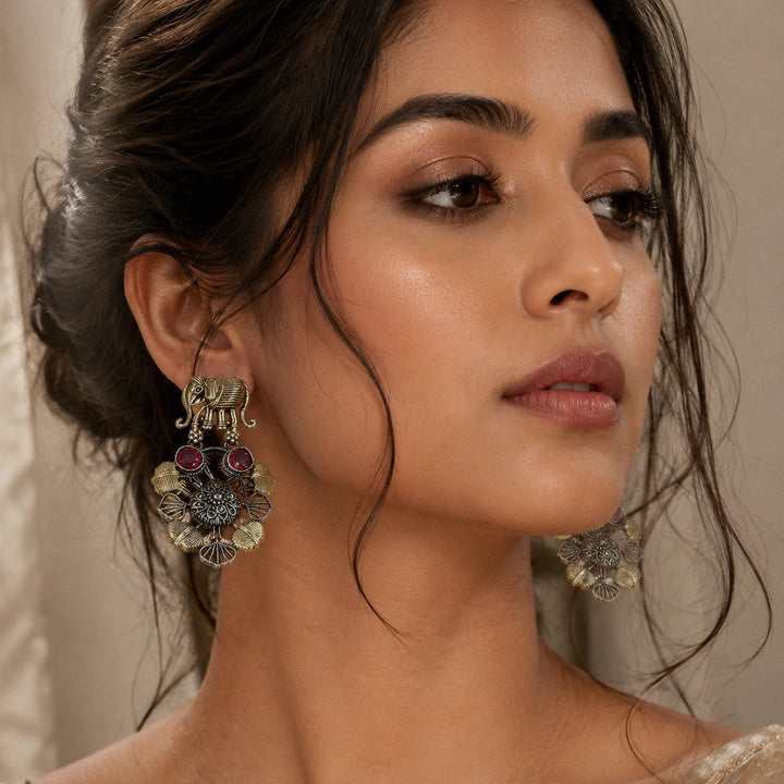 Alternate product view of German silver maroon-stone chandelier earrings