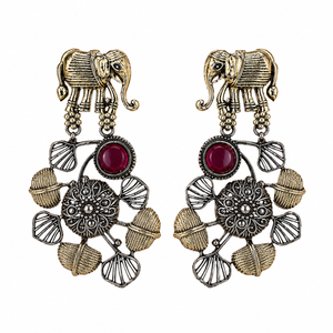 German silver maroon-stone chandelier earrings