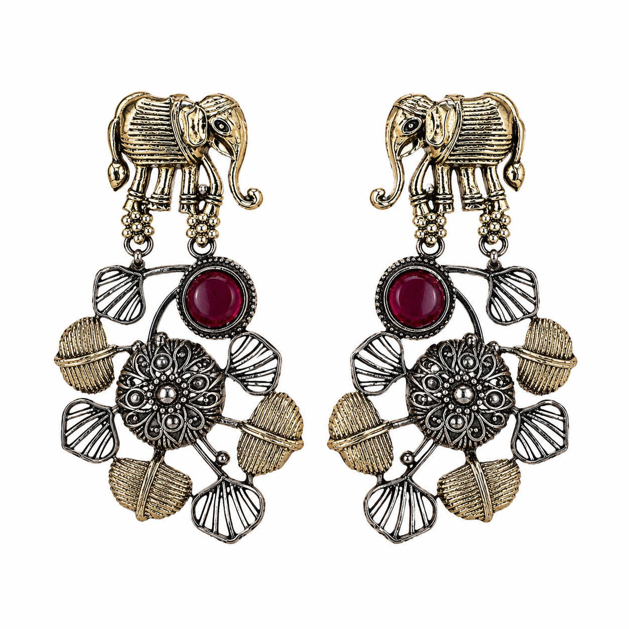 German silver maroon-stone chandelier earrings