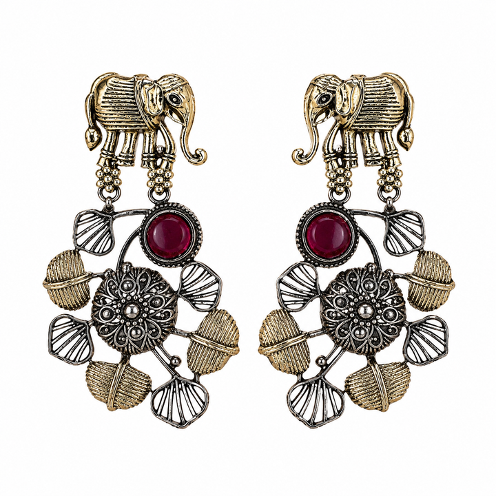 German silver maroon-stone chandelier earrings