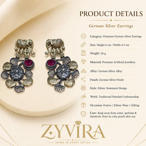 Product details card for German silver maroon-stone chandelier earrings
