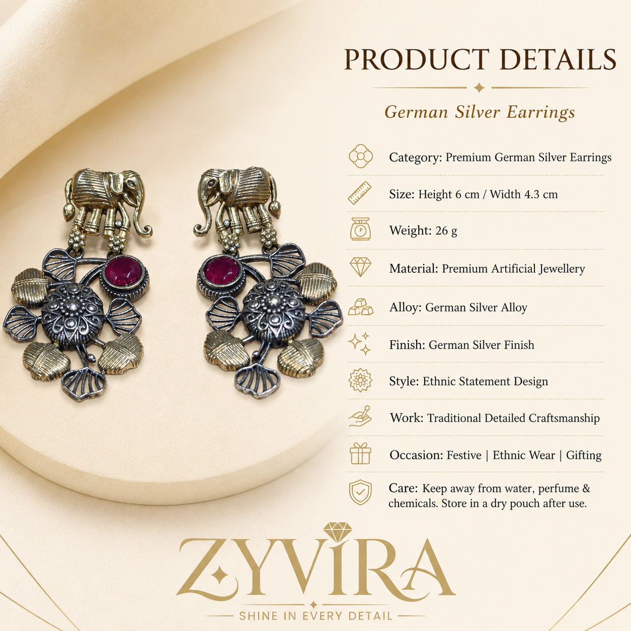 Product details card for German silver maroon-stone chandelier earrings