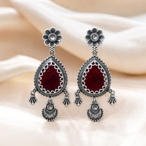 German silver maroon teardrop floral dangle earrings