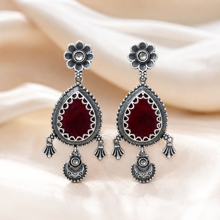 German silver maroon teardrop floral dangle earrings
