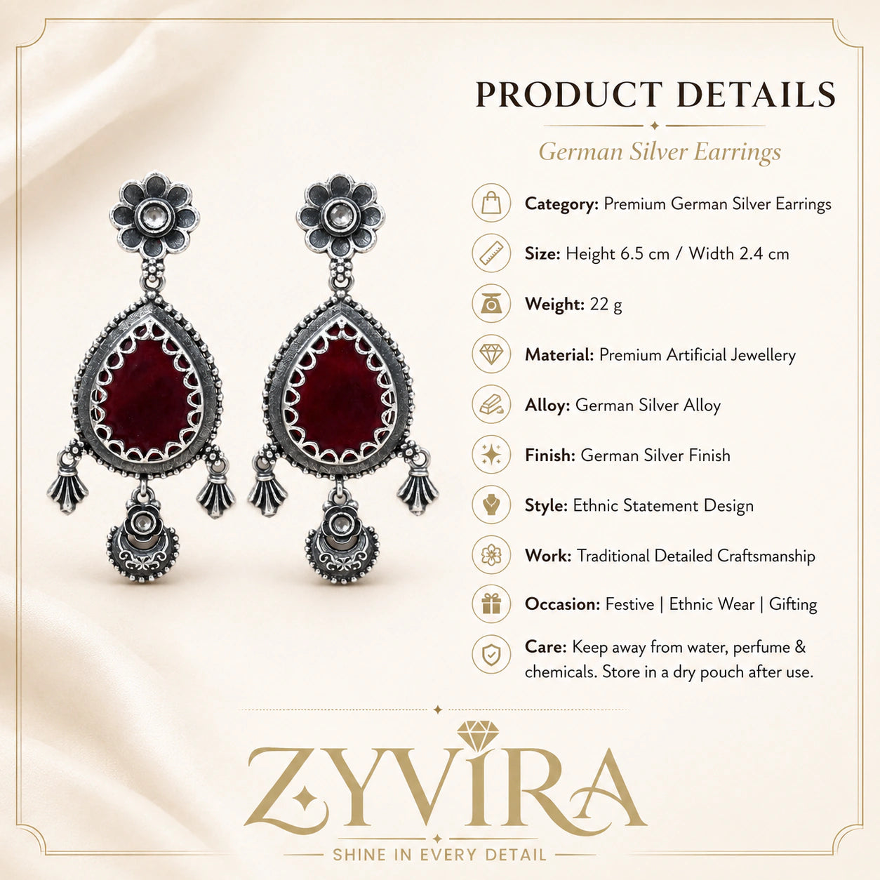 Product details card for German silver maroon teardrop floral dangle earrings