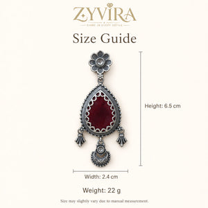 Size guide showing the proportions of maroon teardrop floral dangle earrings