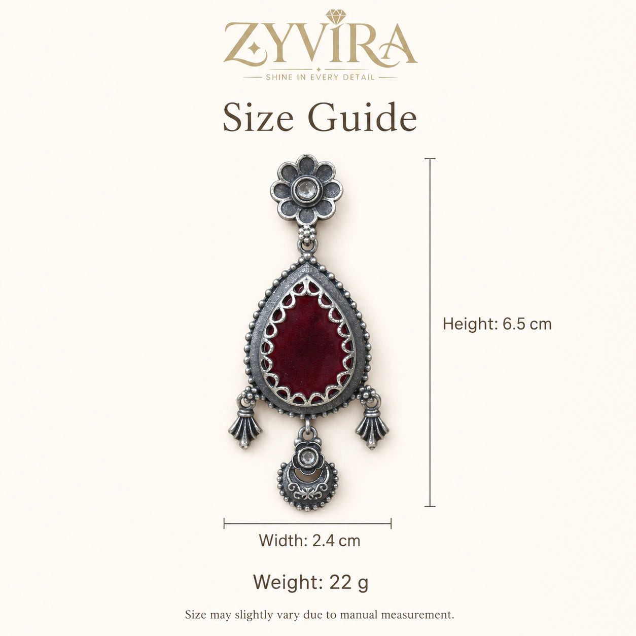 Size guide showing the proportions of maroon teardrop floral dangle earrings