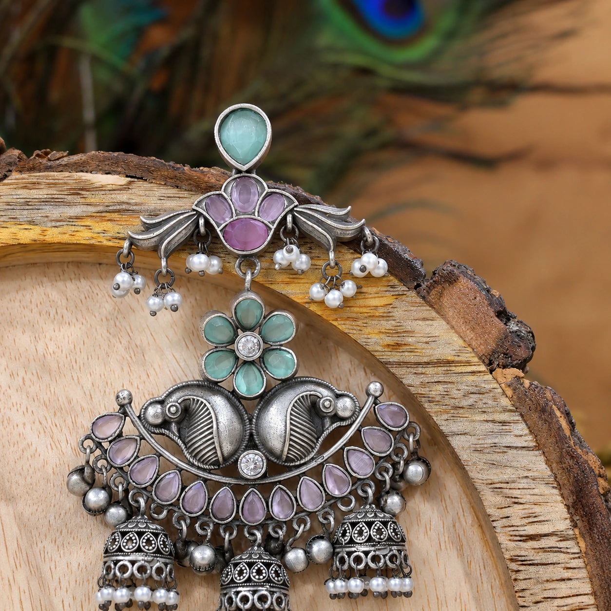 Alternate detail view of mint purple pearl chandelier earrings