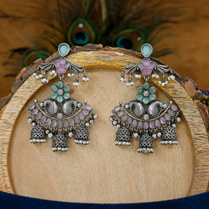Alternate product view of German silver mint purple pearl chandelier earrings