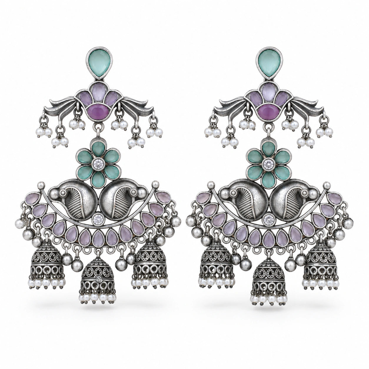 German silver mint and purple pearl chandelier earrings
