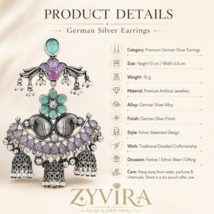 Product details card for German silver mint purple pearl chandelier earrings